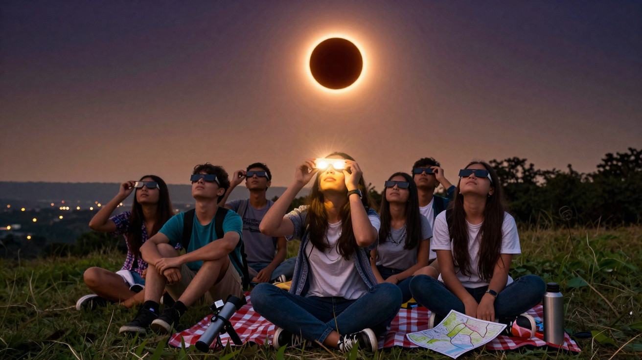 Grupo de jovens sentados na grama observando eclipse solar com óculos especiais durante o crepúsculo.