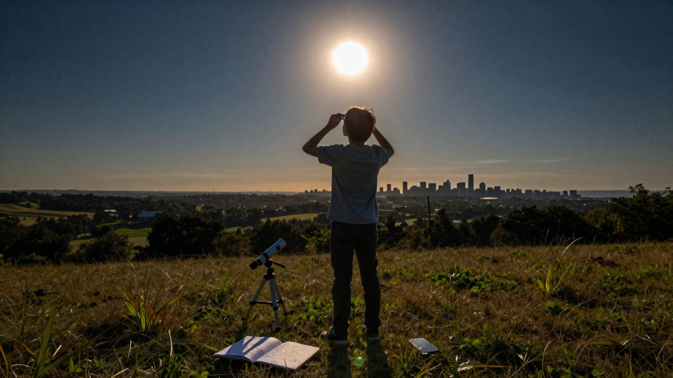 Criança observando o sol ao entardecer em campo aberto com telescópio, livro e celular no chão.