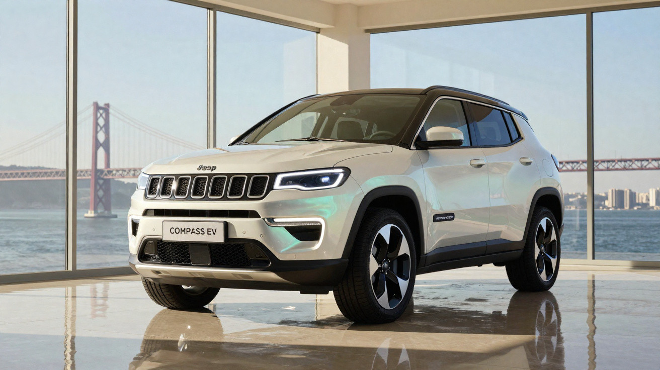 Carro SUV elétrico branco Jeep Compass EV em ambiente interno com janelas amplas e vista para ponte e rio.