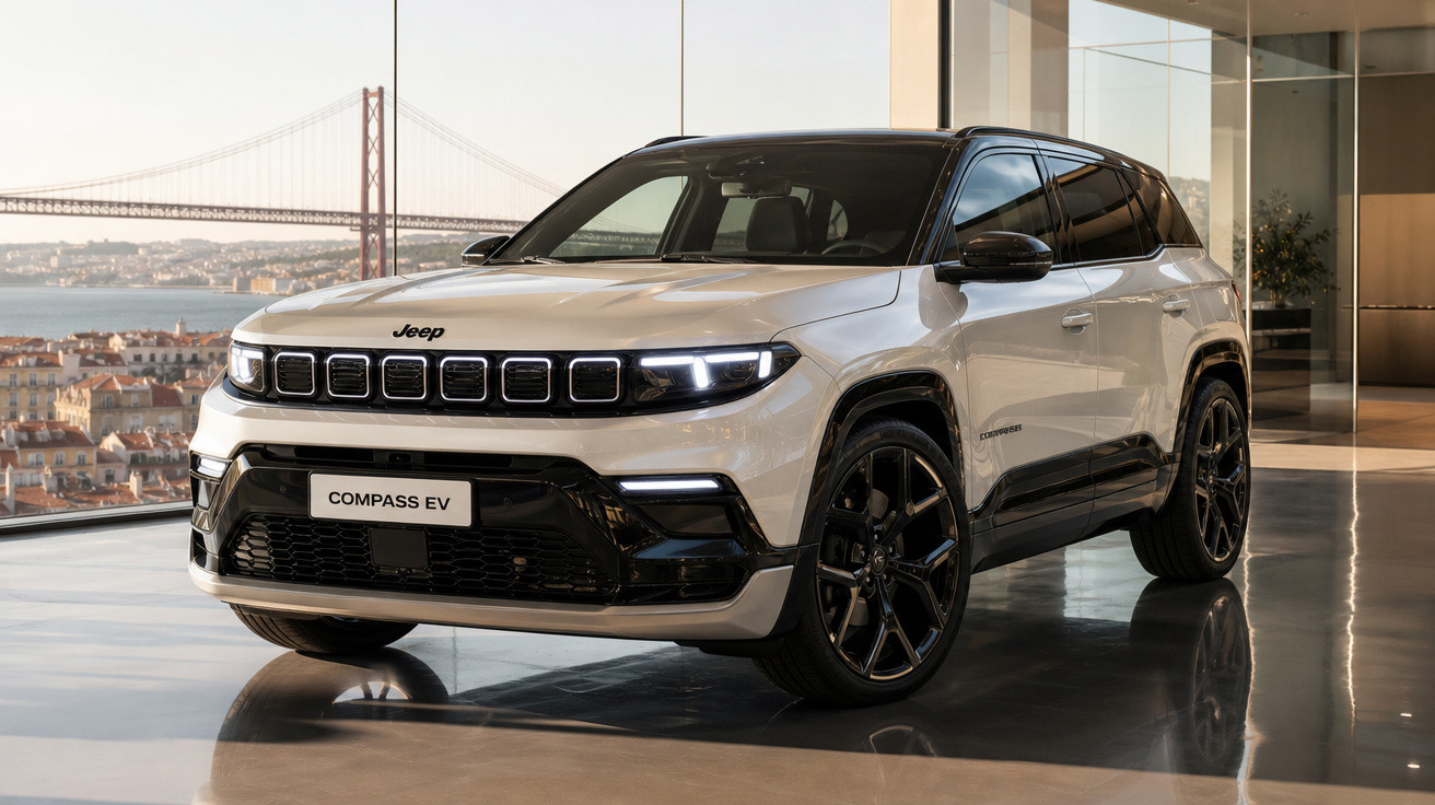 SUV Jeep Compass EV branco estacionado em ambiente moderno com ponte ao fundo, vista lateral frontal direita.