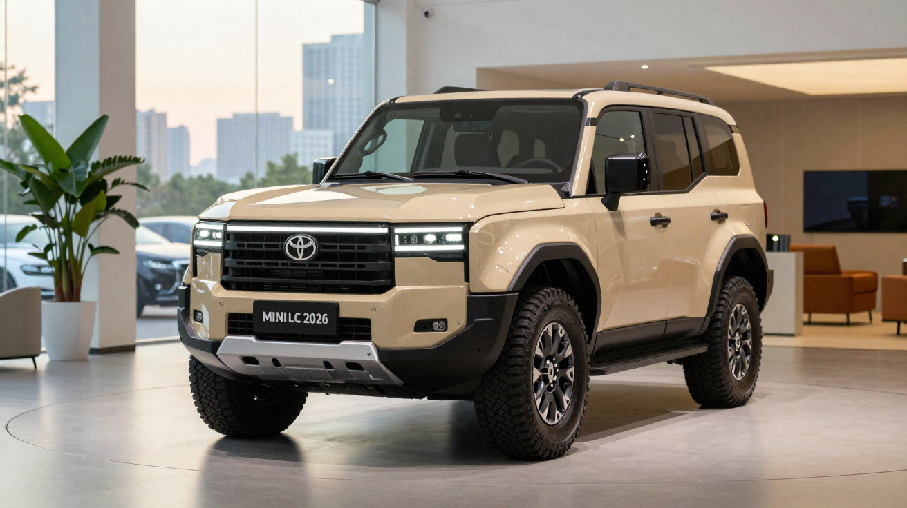 SUV Toyota Land Cruiser Mini LC 2026 bege exibido em showroom moderno e iluminado.