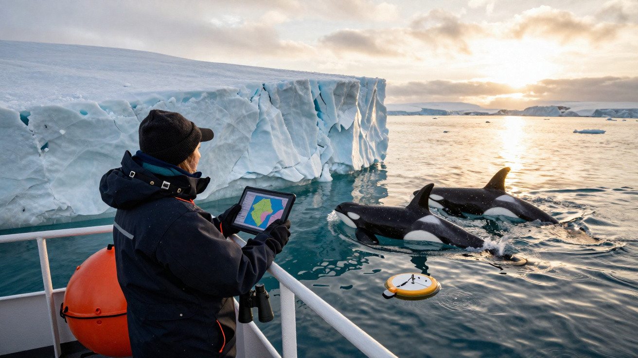 Pesquisadora observa orcas nadando próximo a icebergue na Antártida ao pôr do sol.