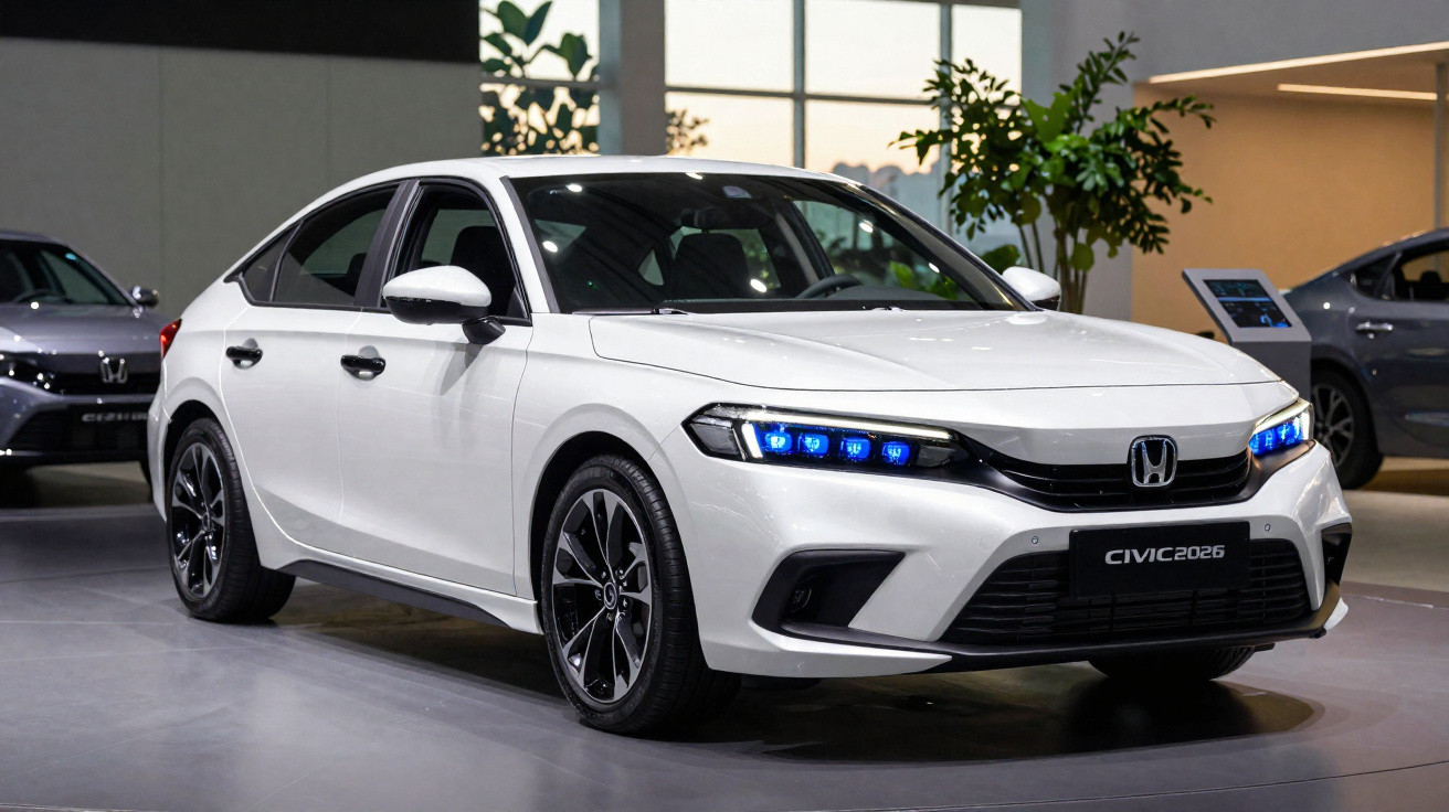Carro branco Honda Civic 2026 em exposição, visto de frente e lateral em ambiente interno.