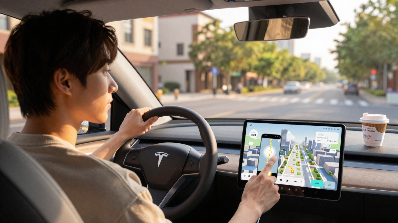 Homem dirigindo um carro Tesla olhando para o mapa do sistema de navegação na tela do painel digital.
