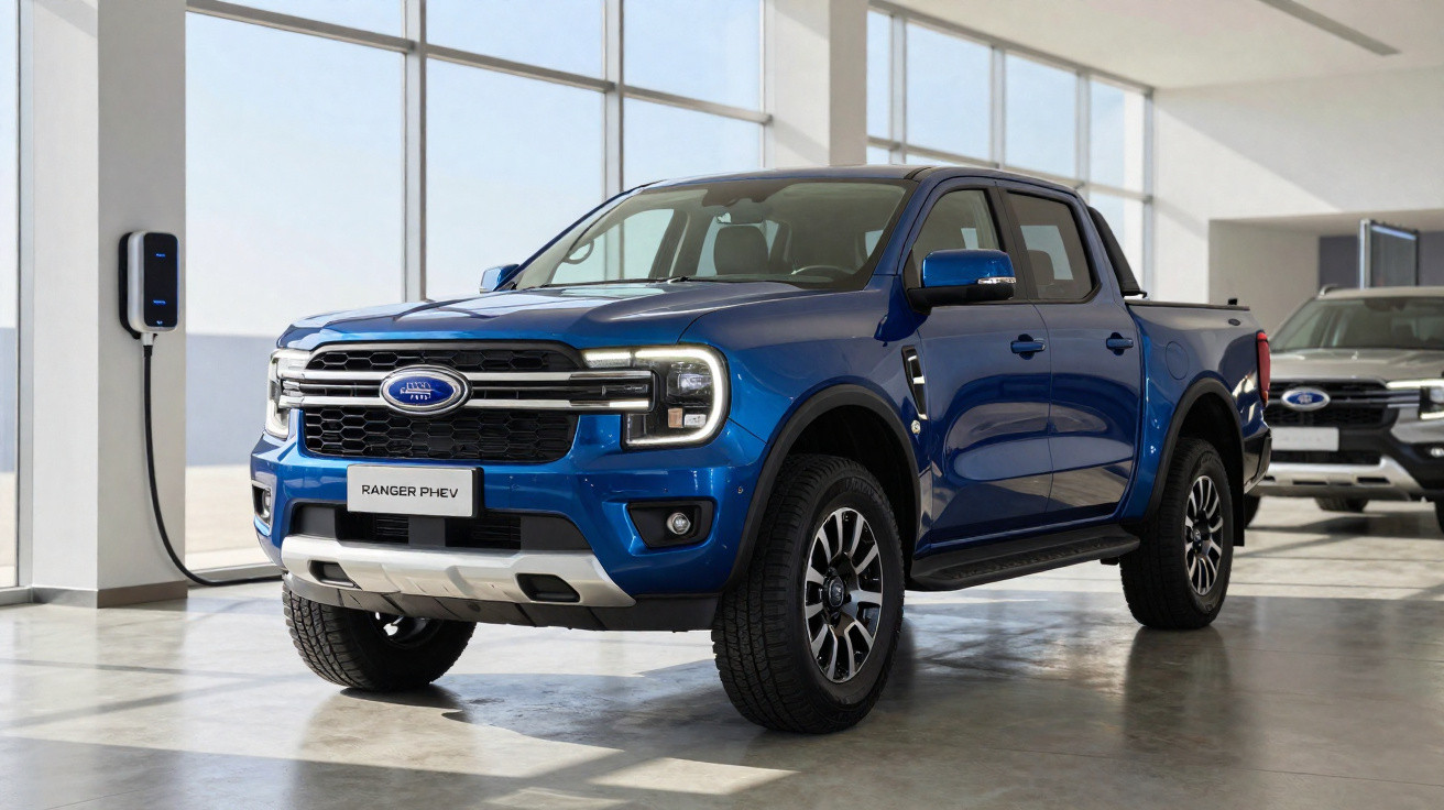 Picape azul Ford Ranger PHEV estacionada próxima a carregador elétrico em ambiente interno claro.
