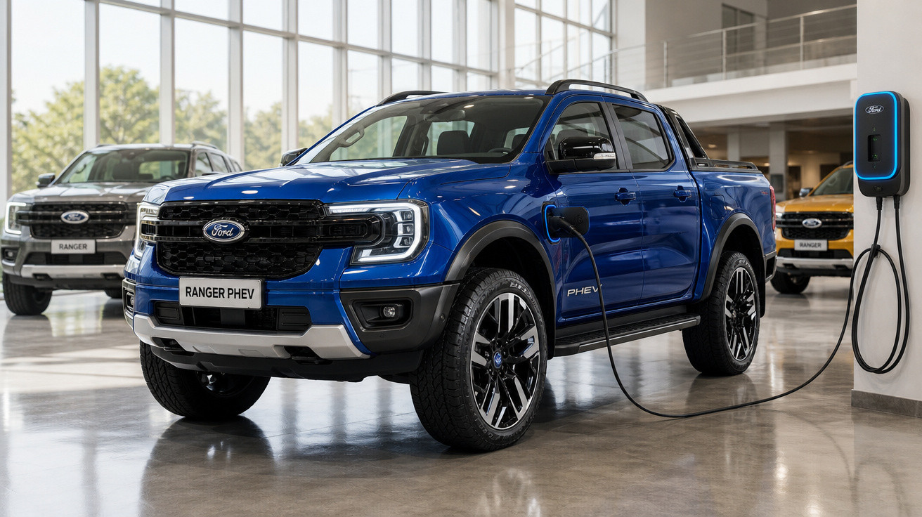 Picape Ford Ranger PHEV azul carregando em estação de recarga em showroom.