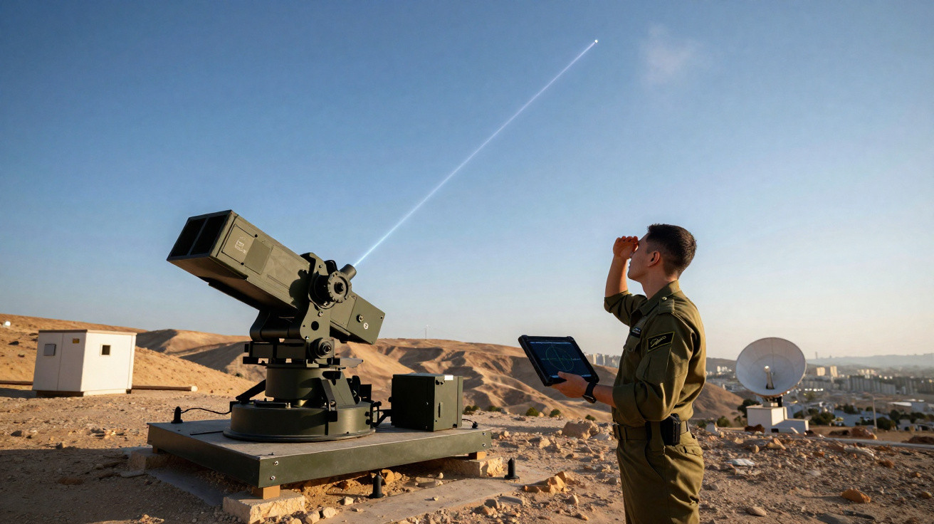 Militar observa lançamento de míssil a laser em equipamento de defesa antimíssil no deserto.