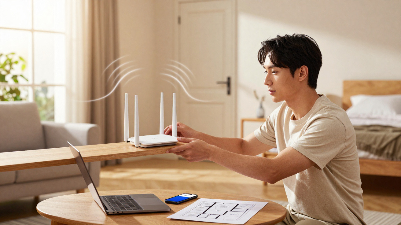 Homem ajusta roteador Wi-Fi em sala de estar com notebook, celular e planta ao fundo.