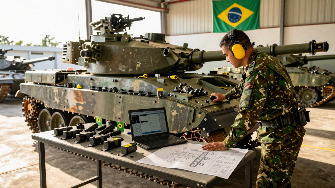 Soldado brasileiro com protetor auricular analisa planta ao lado de tanque de guerra em galpão com bandeira do Brasil.