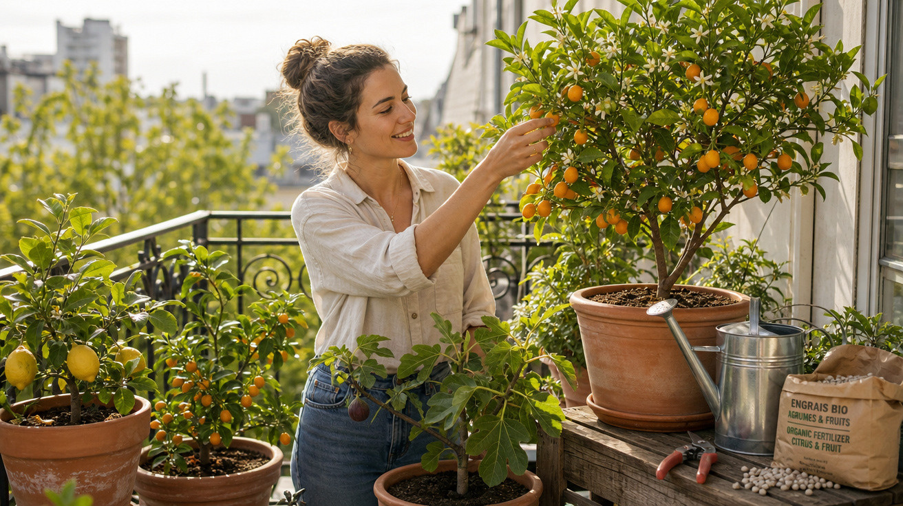 Mulher sorridente cuidando de plantas frutíferas em vasos no terraço ensolarado de um apartamento.
