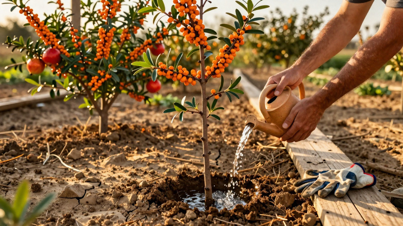 Pessoa regando planta com bagas laranja em área de solo seco com outras plantas ao fundo.