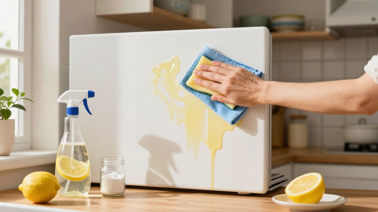Pessoa limpando geladeira branca com pano azul e esponja amarela em cozinha iluminada.