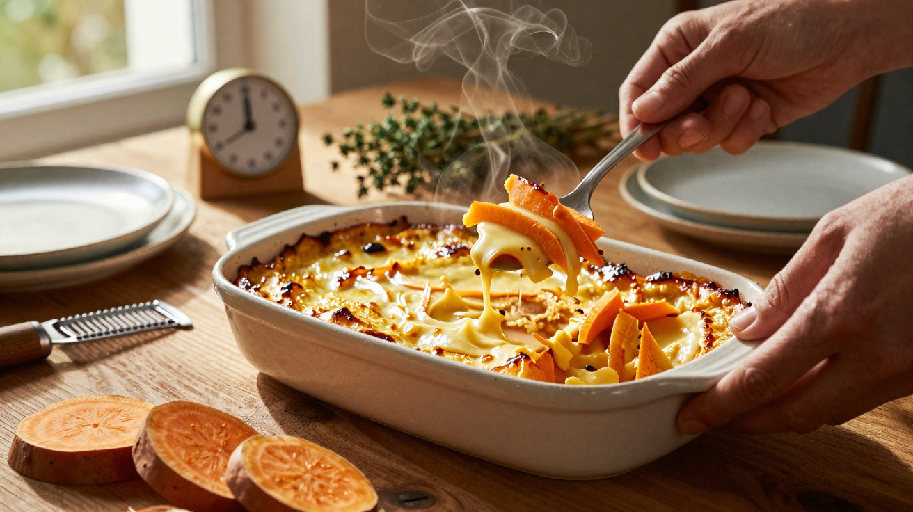 Pessoa servindo batata-doce gratinada quente em travessa branca sobre mesa de madeira.