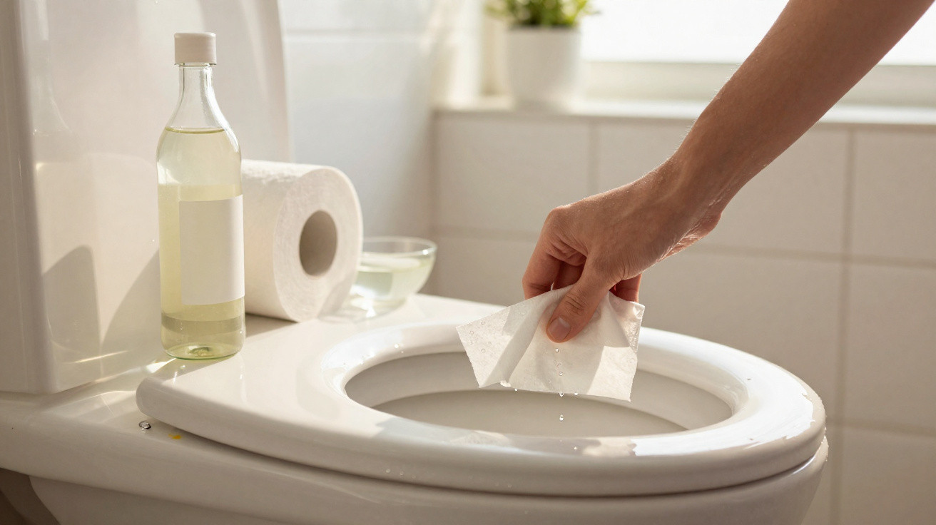 Pessoa limpando a bancada do vaso sanitário com papel úmido em banheiro branco iluminado.