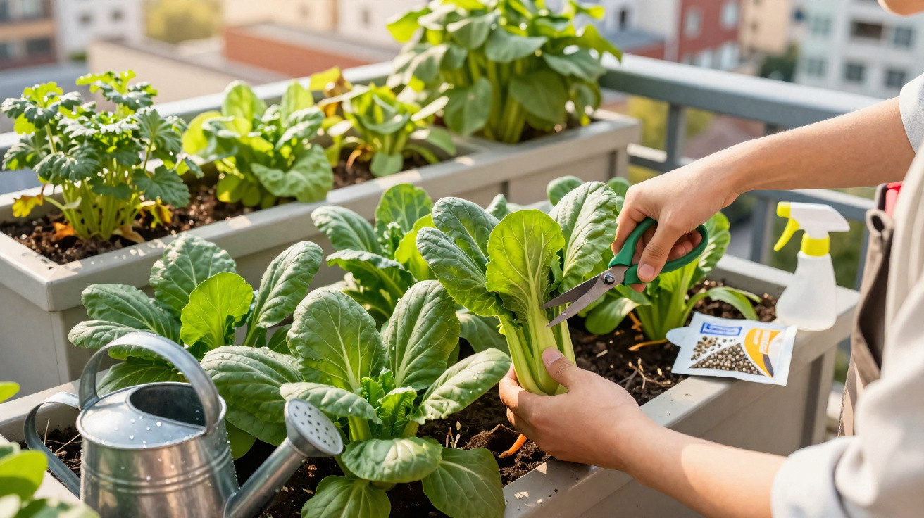 Pessoa colhendo verduras em vasos de horta urbana com regador e pulverizador ao lado em varanda ensolarada.