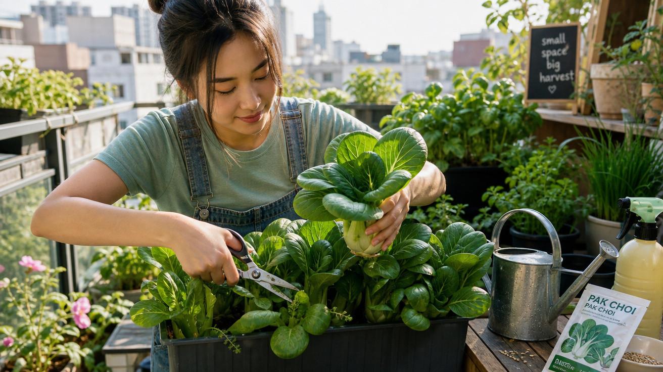 Jovem colhendo folhas de pak choi em vaso na horta urbana ensolarada de terraço alto.