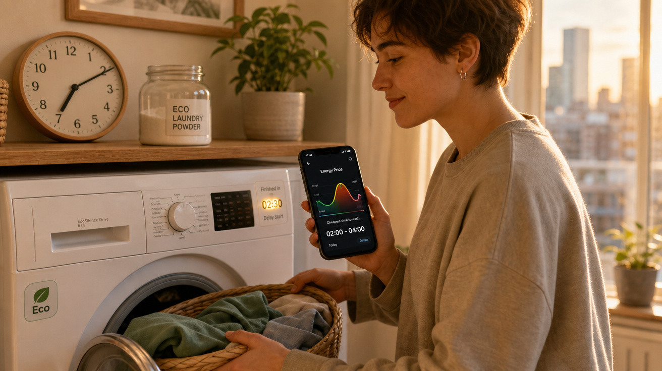 Jovem segurando celular com app de energia ao lado de máquina de lavar com cesta de roupas em ambiente iluminado.