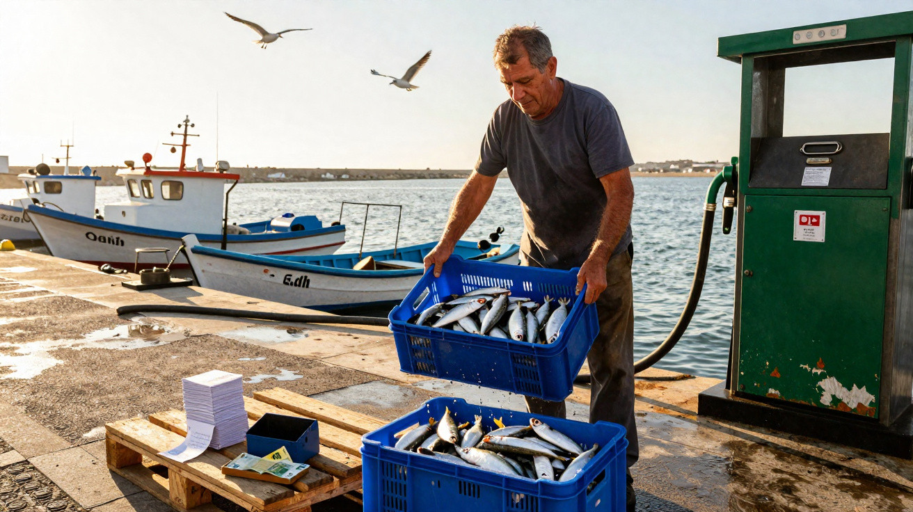 Pescador descarregando caixas azuis com peixes em porto, com barcos e gaivotas ao fundo.