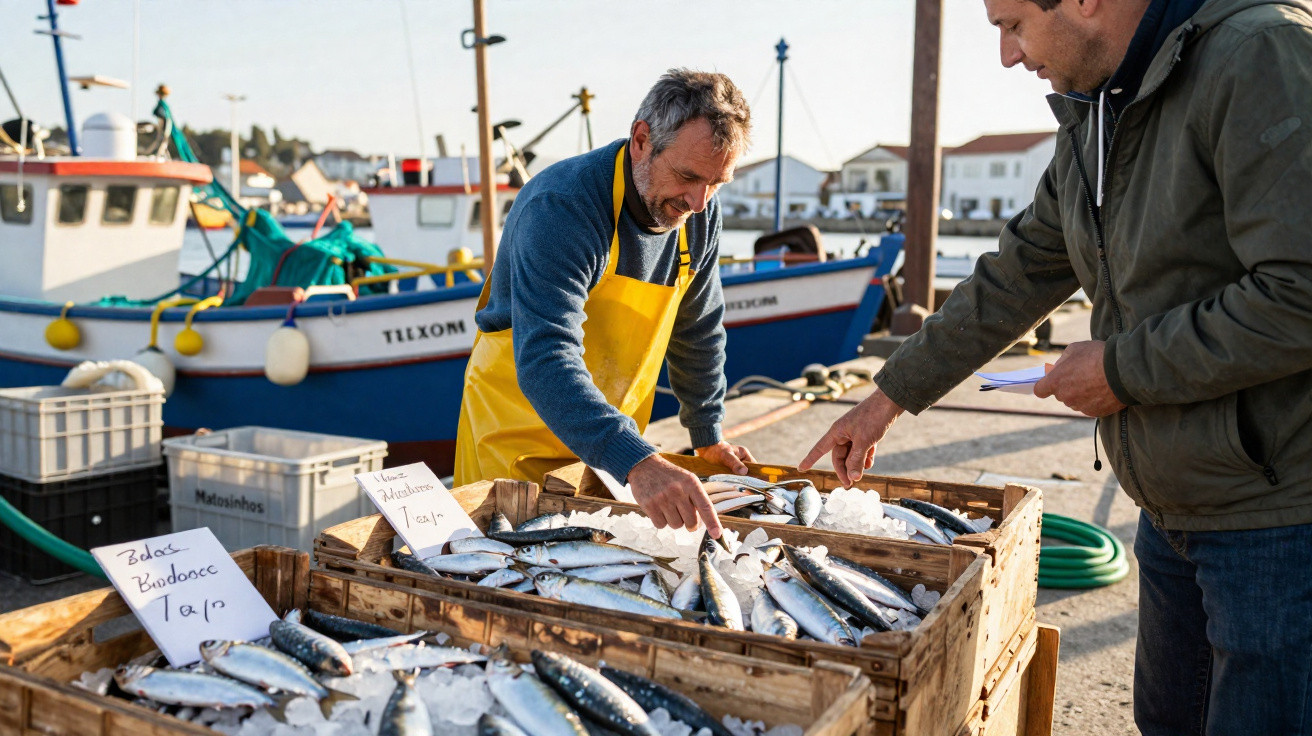 Homem com avental amarelo vendendo peixes frescos em cais próximo a barcos de pesca.