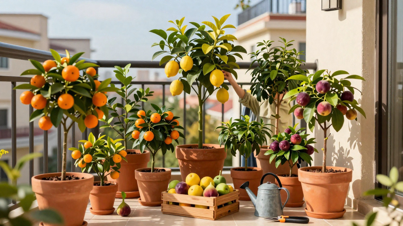 Vasos com árvores frutíferas na sacada, incluindo laranjas, limões e ameixas, sob luz natural do dia.