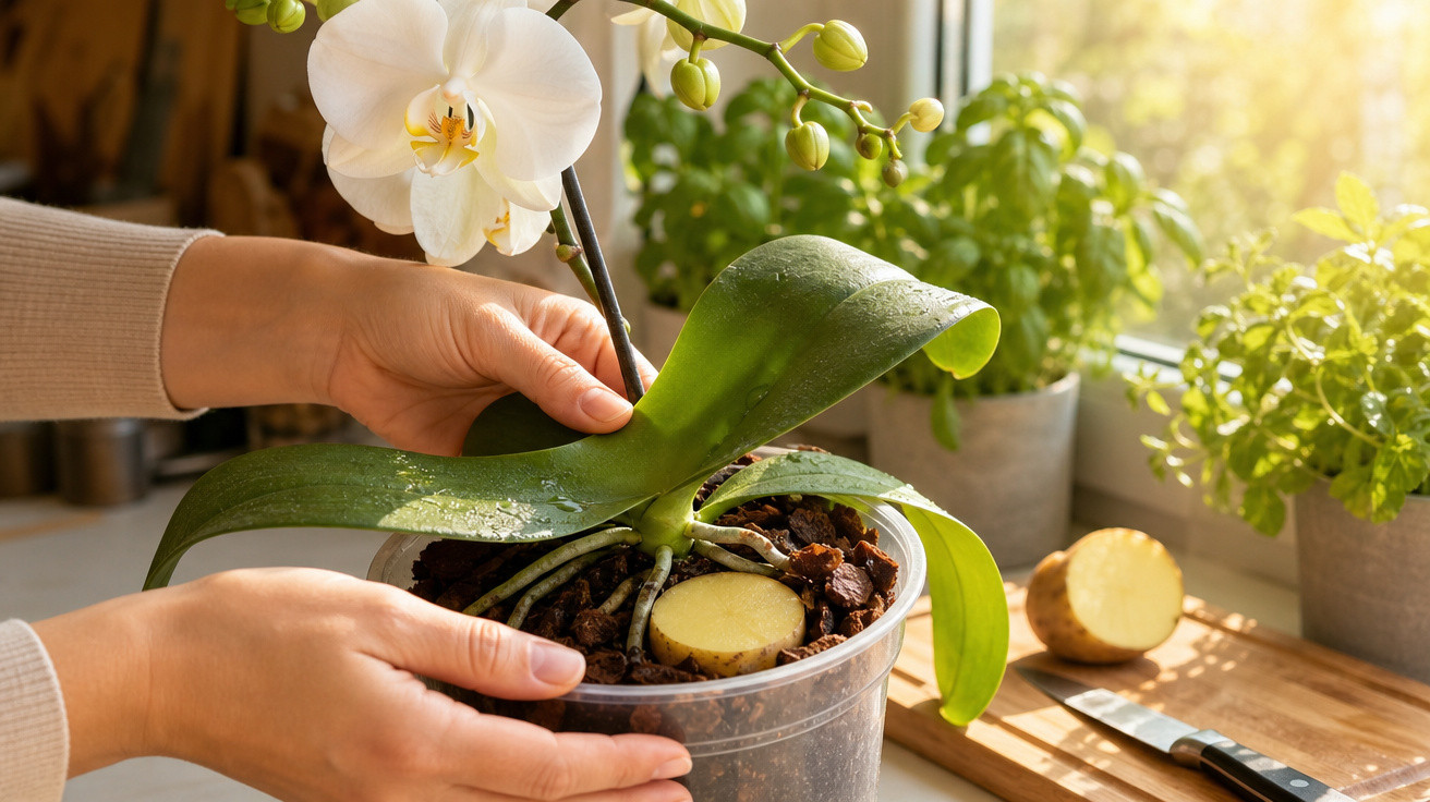 Mãos segurando orquídea com fatia de batata colocada na terra para fertilizar planta em ambiente iluminado.