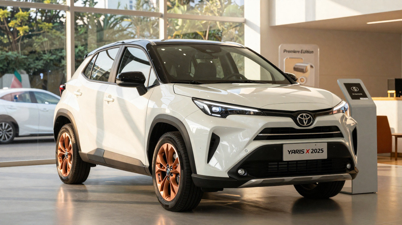 Carro SUV branco Toyota Yaris X 2025 com rodas douradas em exposição interna iluminada por luz natural.