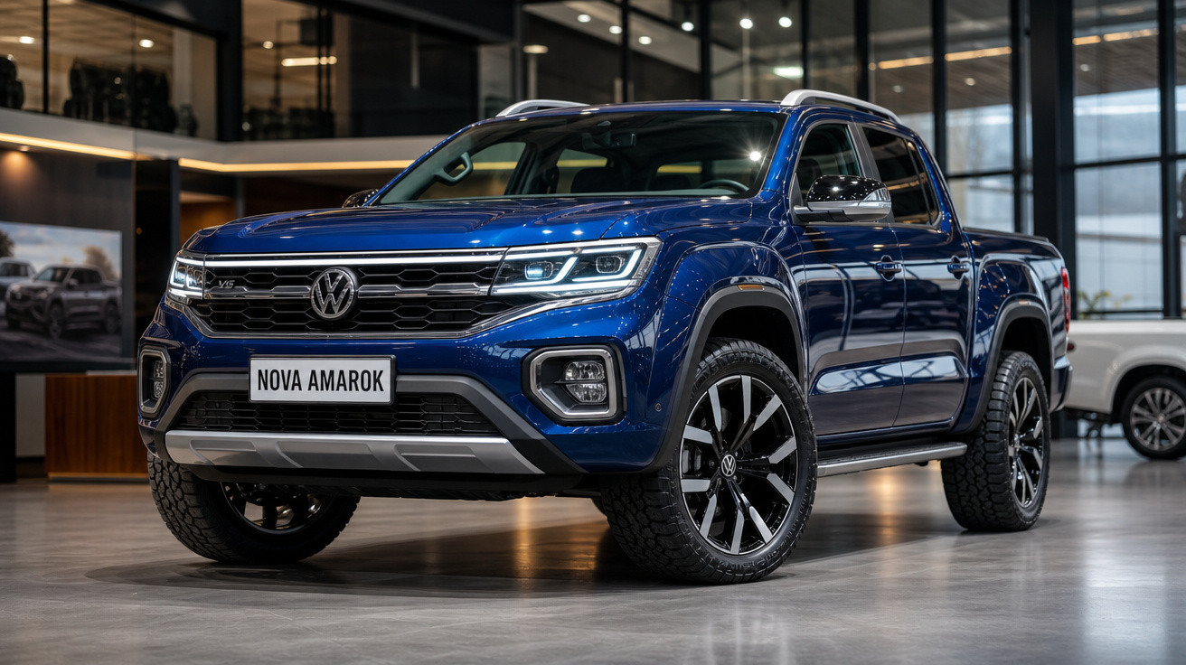 Picape Volkswagen Amarok azul estacionada em showroom moderno e iluminado.