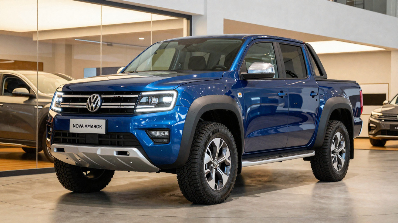 Picape Volkswagen Amarok azul exposta em showroom moderno e iluminado.