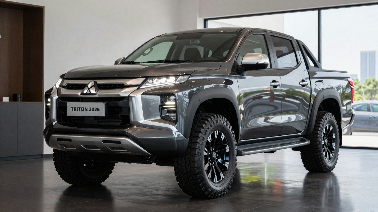 Picape Mitsubishi Triton 2026 cinza estacionada em ambiente interno com pneus off-road.