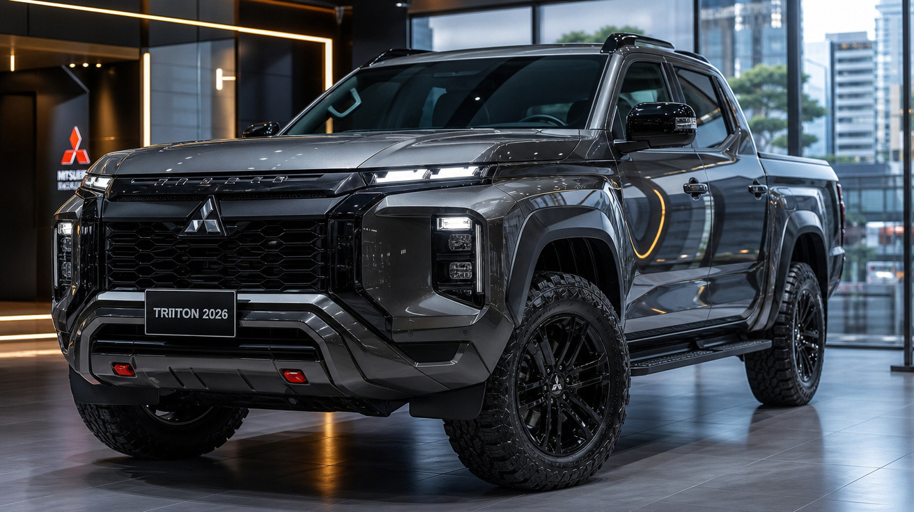 Picape Mitsubishi Triton 2026 cinza exposta em showroom moderno com rodas pretas e detalhes robustos.