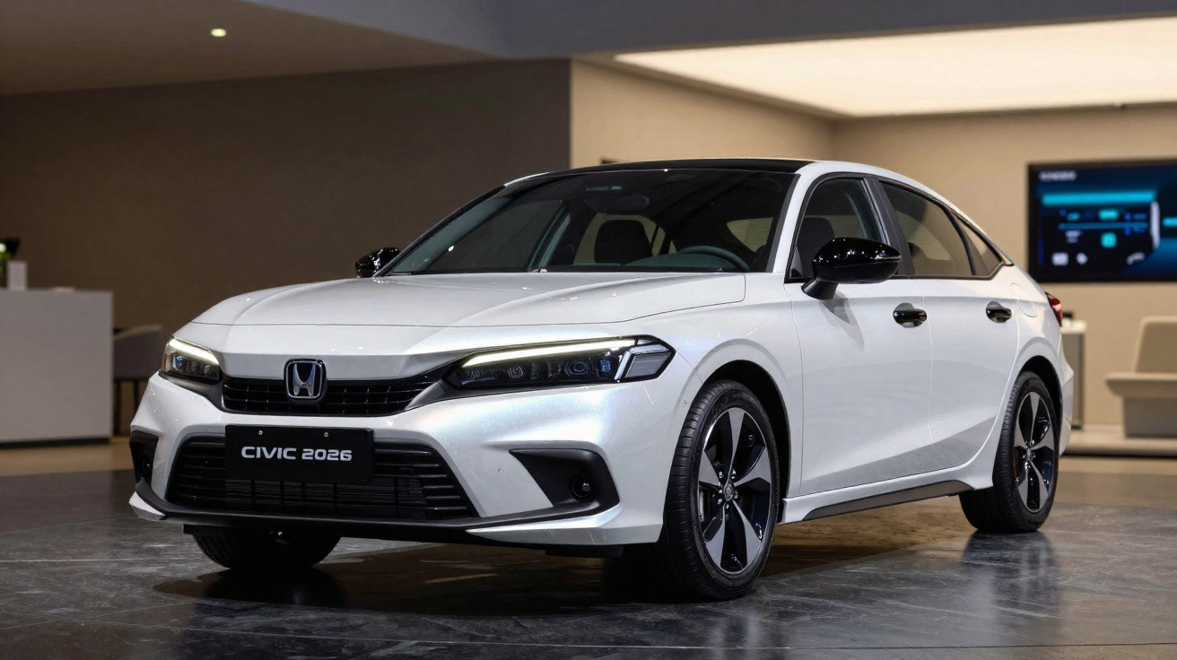 Carro Honda Civic 2026 branco estacionado em ambiente interno com iluminação suave.
