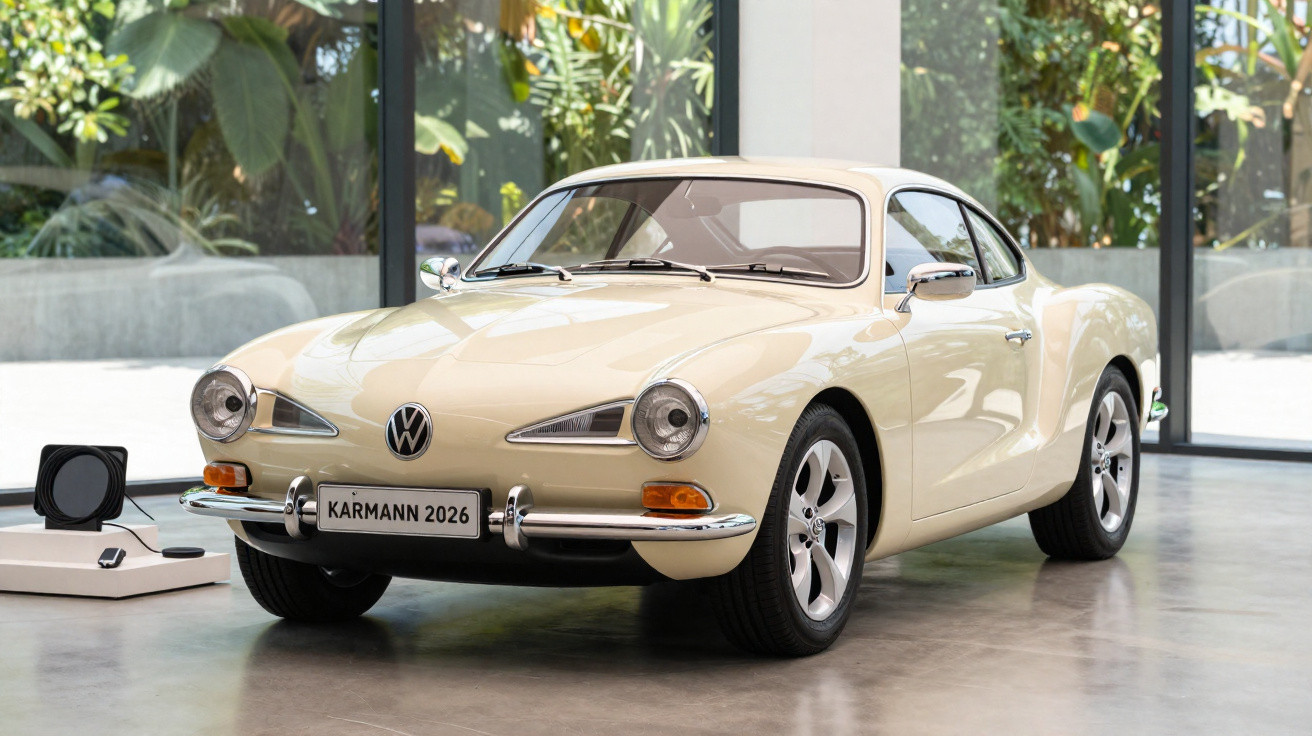 Carro clássico Volkswagen Karmann Ghia 2026 bege exposto em ambiente interno moderno com vidros e plantas ao fundo.