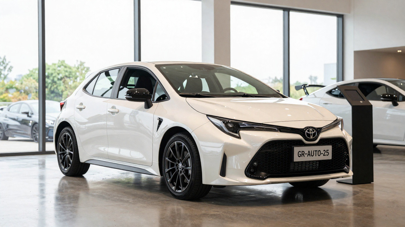 Carro branco modelo hatchback da Toyota em showroom moderno com janelas grandes e luz natural.