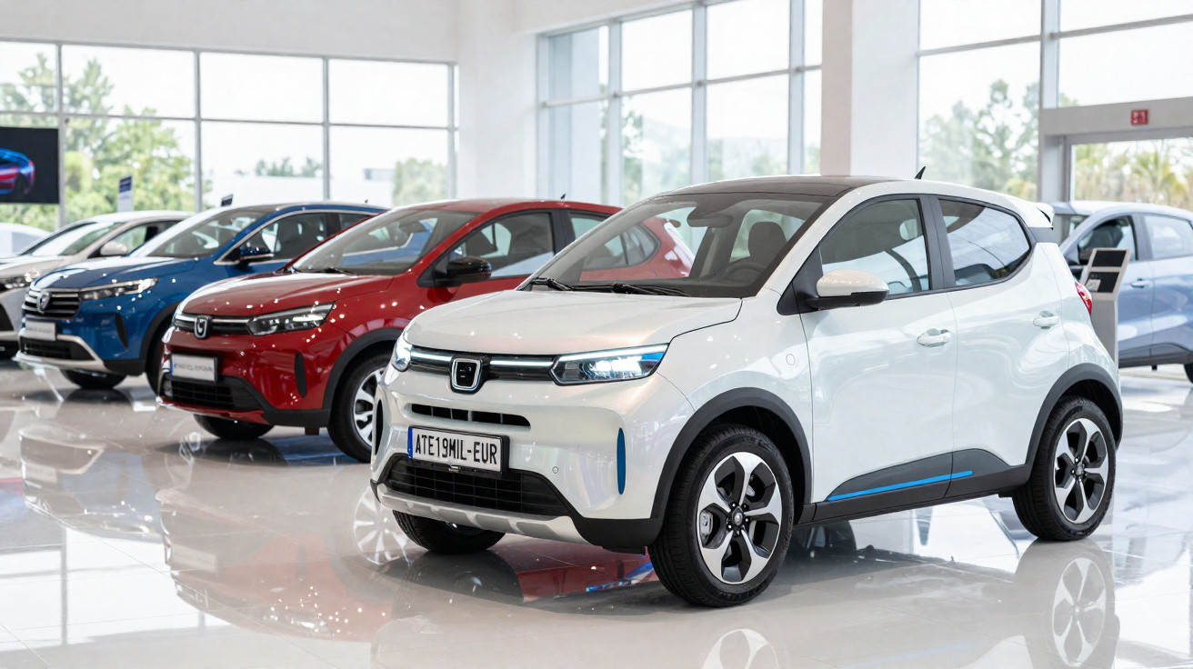 Carros elétricos modernos em exibição em concessionária com piso branco e paredes de vidro.