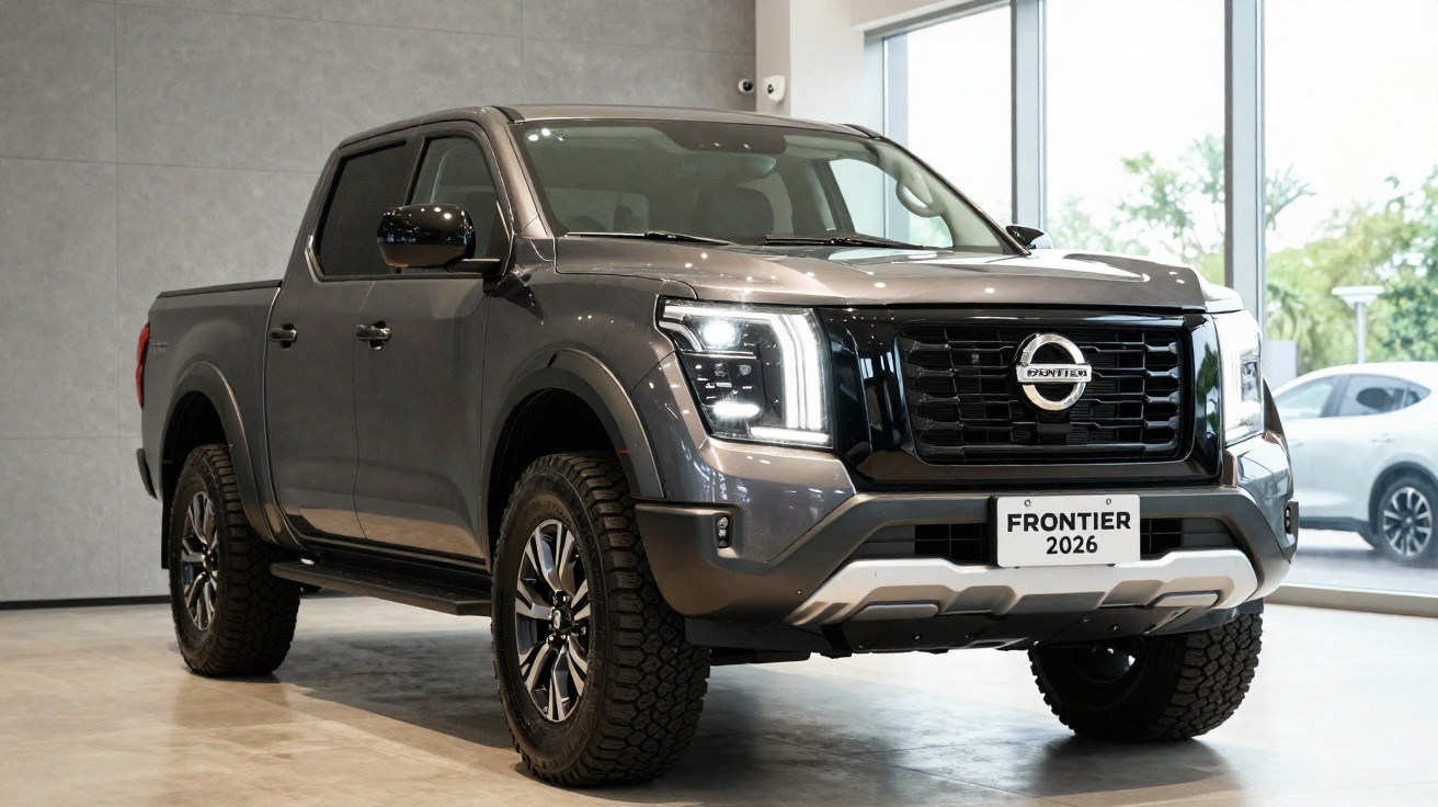 Picape Nissan Frontier 2026 cinza estacionada em ambiente interno moderno com iluminação natural.