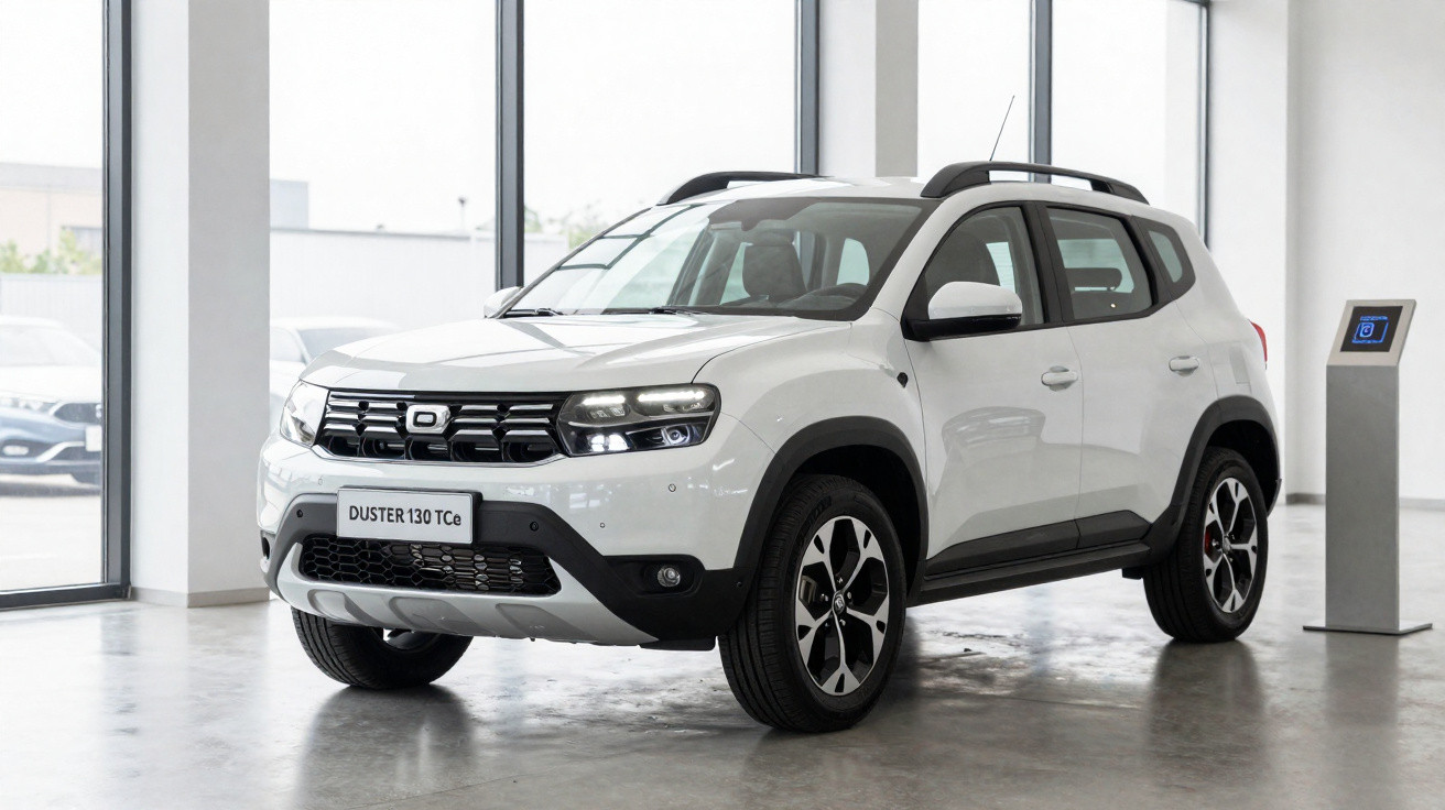 Carro SUV branco Duster 130 TCe estacionado em showroom com piso cinza e paredes de vidro.