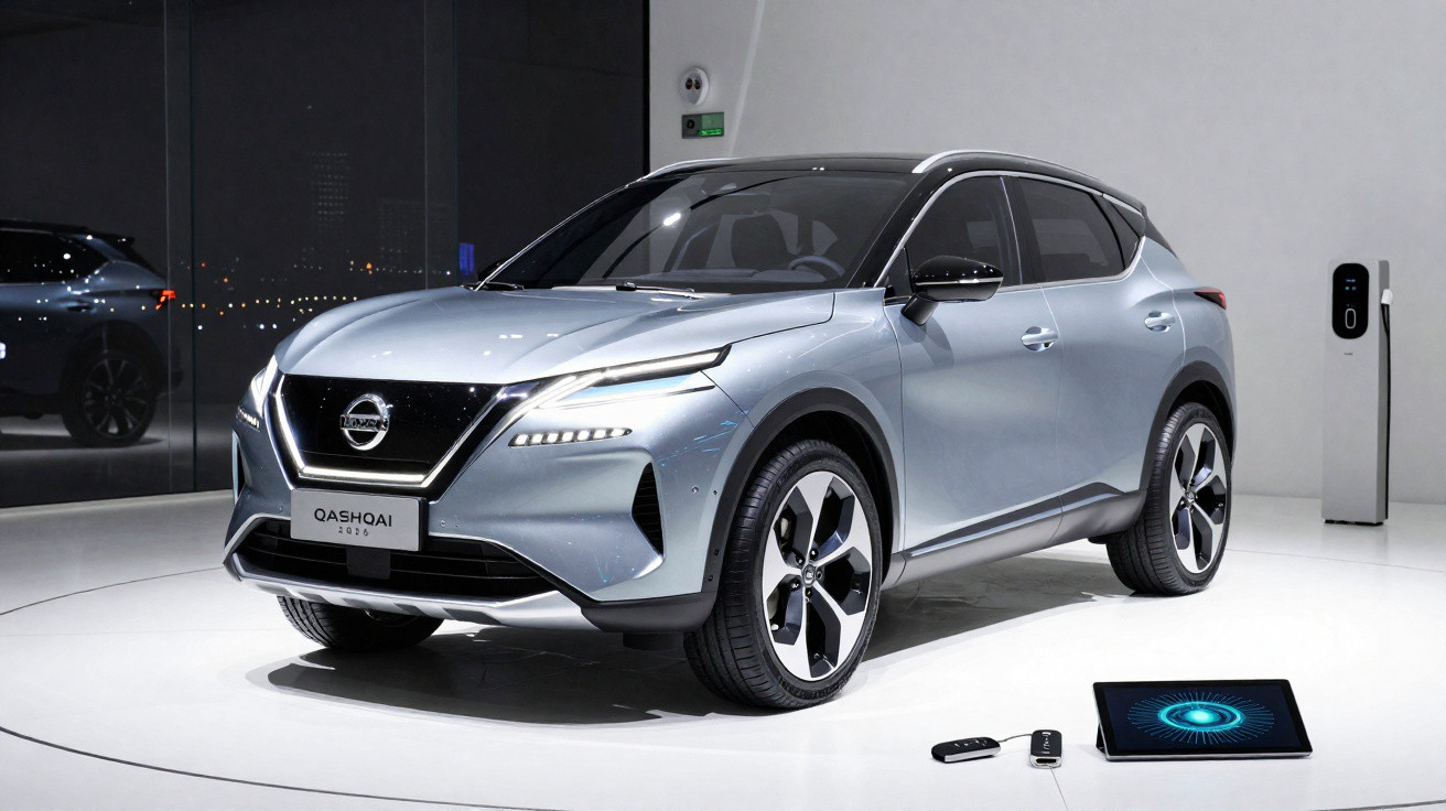 Carro elétrico Nissan Qashqai 2024 prata em exposição com carregador e controle ao lado.