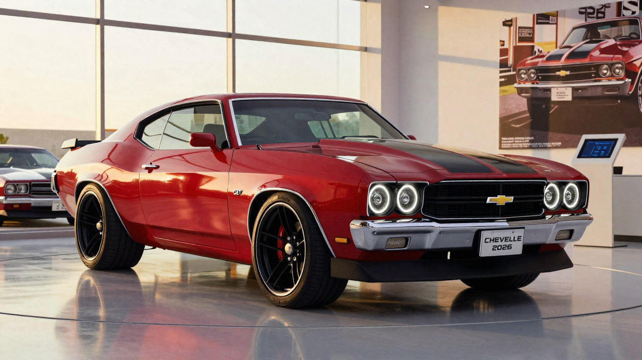 Carro Chevrolet Chevelle vermelho anos 1970 em exposição interna com rodas pretas e faróis acesos.