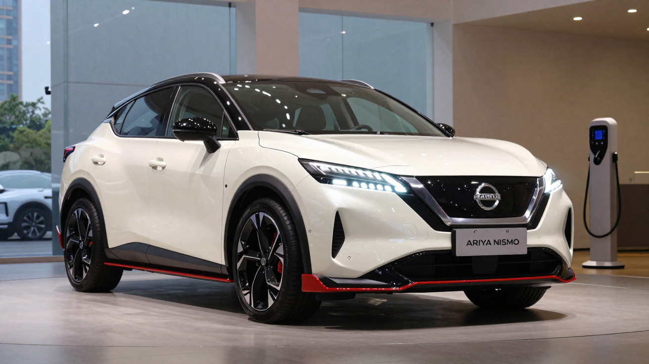 Carro elétrico Nissan Ariya Nismo branco com detalhes em preto e vermelho, exibido em showroom moderno.