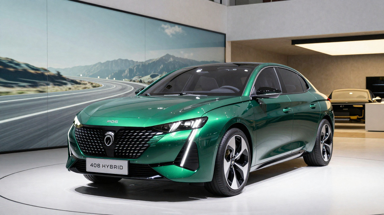 Carro verde Peugeot 408 Hybrid em exposição, com tela de estrada e montanhas ao fundo.