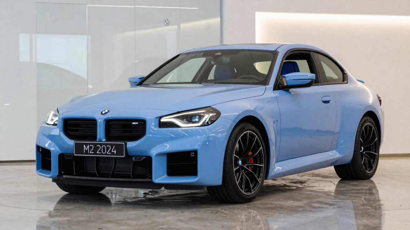 Carro esportivo BMW M2 2024 azul claro estacionado em piso interno com paredes brancas.