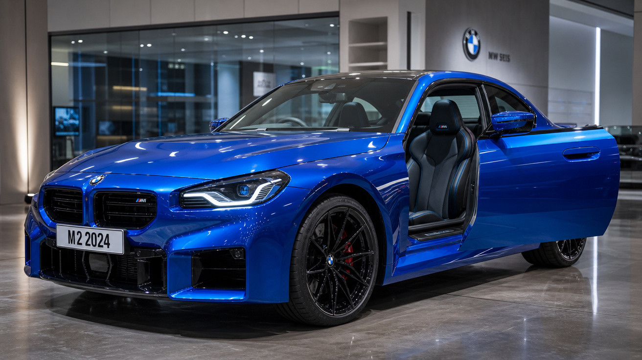 Carro esportivo BMW M2 2024 azul com porta do motorista aberta em showroom iluminado.
