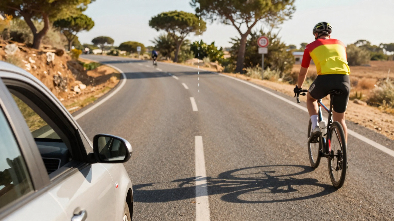 Carro ultrapassando ciclista em estrada curva com árvores ao redor em dia ensolarado.