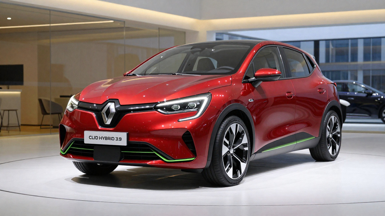 Carro hatchback vermelho Renault Clio Hybrid 3.9 exposto em ambiente interno moderno e iluminado.