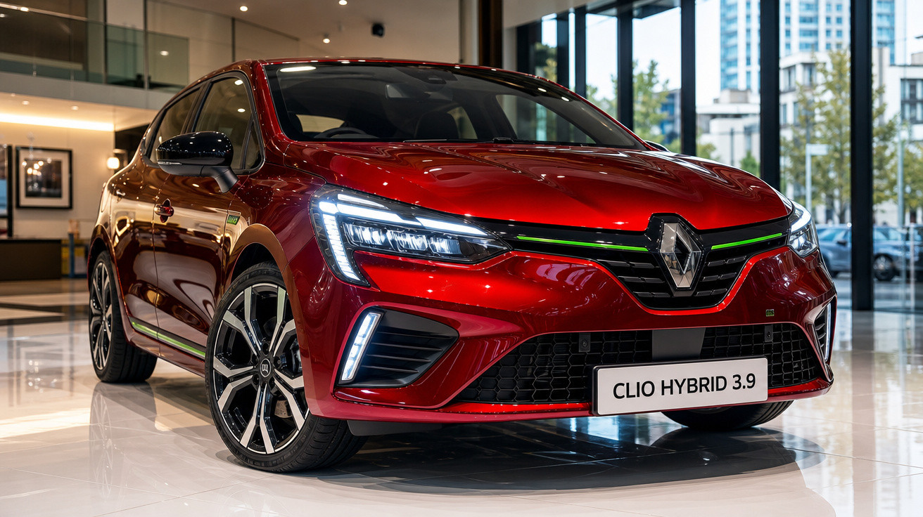 Carro Renault Clio Hybrid 3.9 vermelho exibido em showroom moderno com luzes LED acesas.