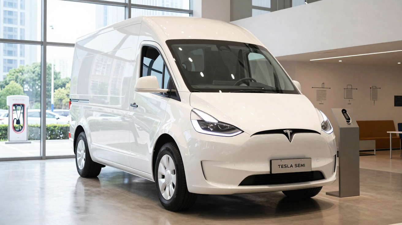 Van elétrica branca Tesla Semi exibida em showroom moderno com grandes janelas de vidro ao fundo.