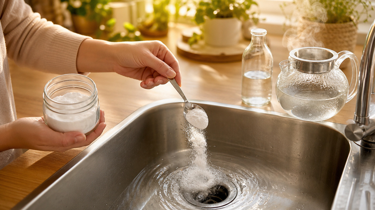 Pessoa despejando bicarbonato de sódio na pia da cozinha para limpeza, com chaleira de vidro ao fundo.