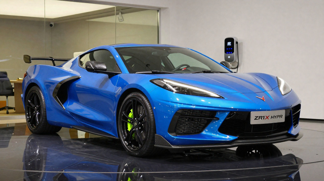 Carro esportivo azul Chevrolet ZR1X HYPR estacionado em ambiente interno com carregador elétrico na parede.