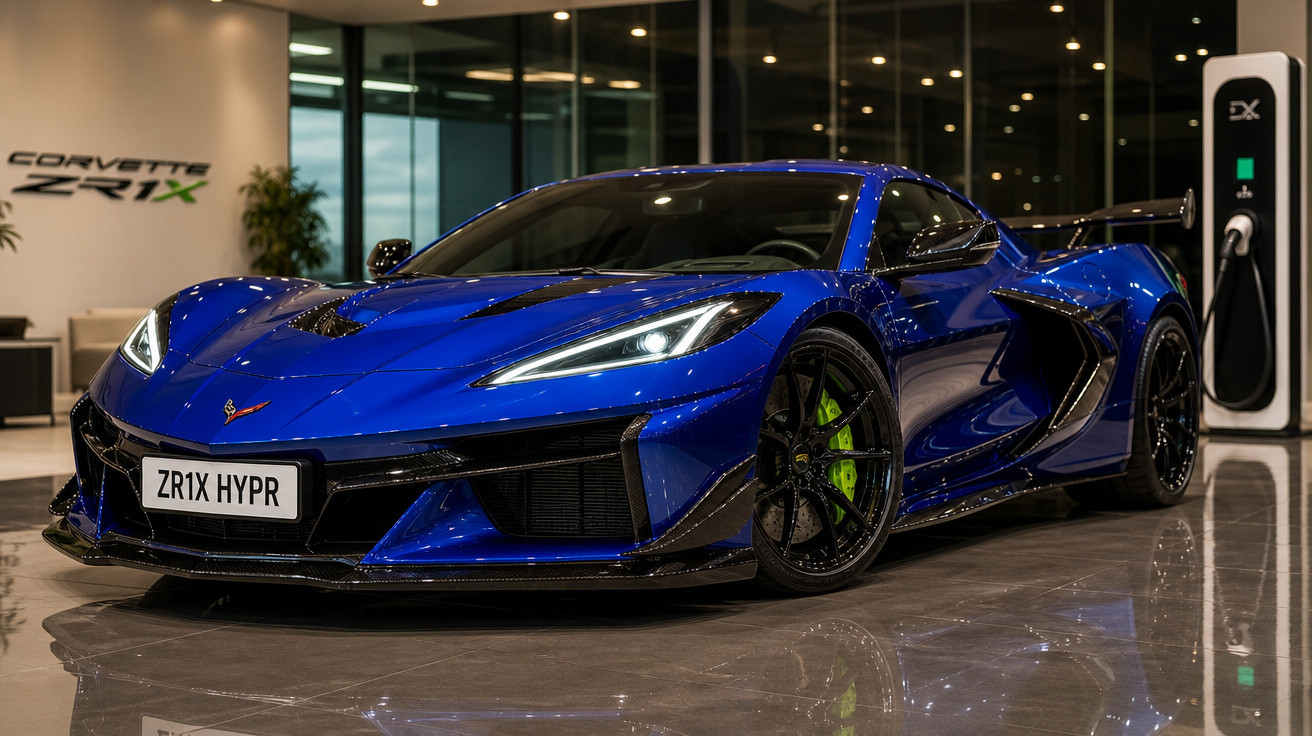 Carro esportivo Chevrolet Corvette ZR1X azul exposto em showroom moderno e iluminado.