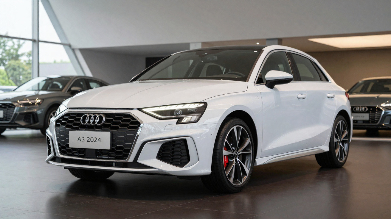 Carro Audi A3 2024 branco exibido em showroom moderno com outros carros ao fundo.